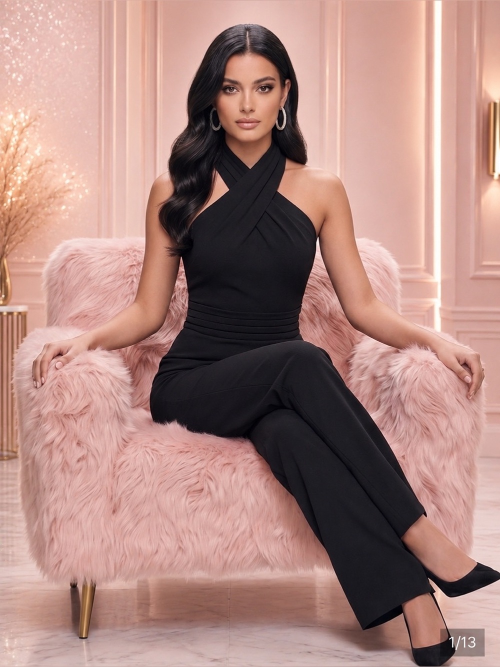 ADELYN RAE Elegant Black Cindy Wide Leg Halter Sleeveless Evening jumpsuit small